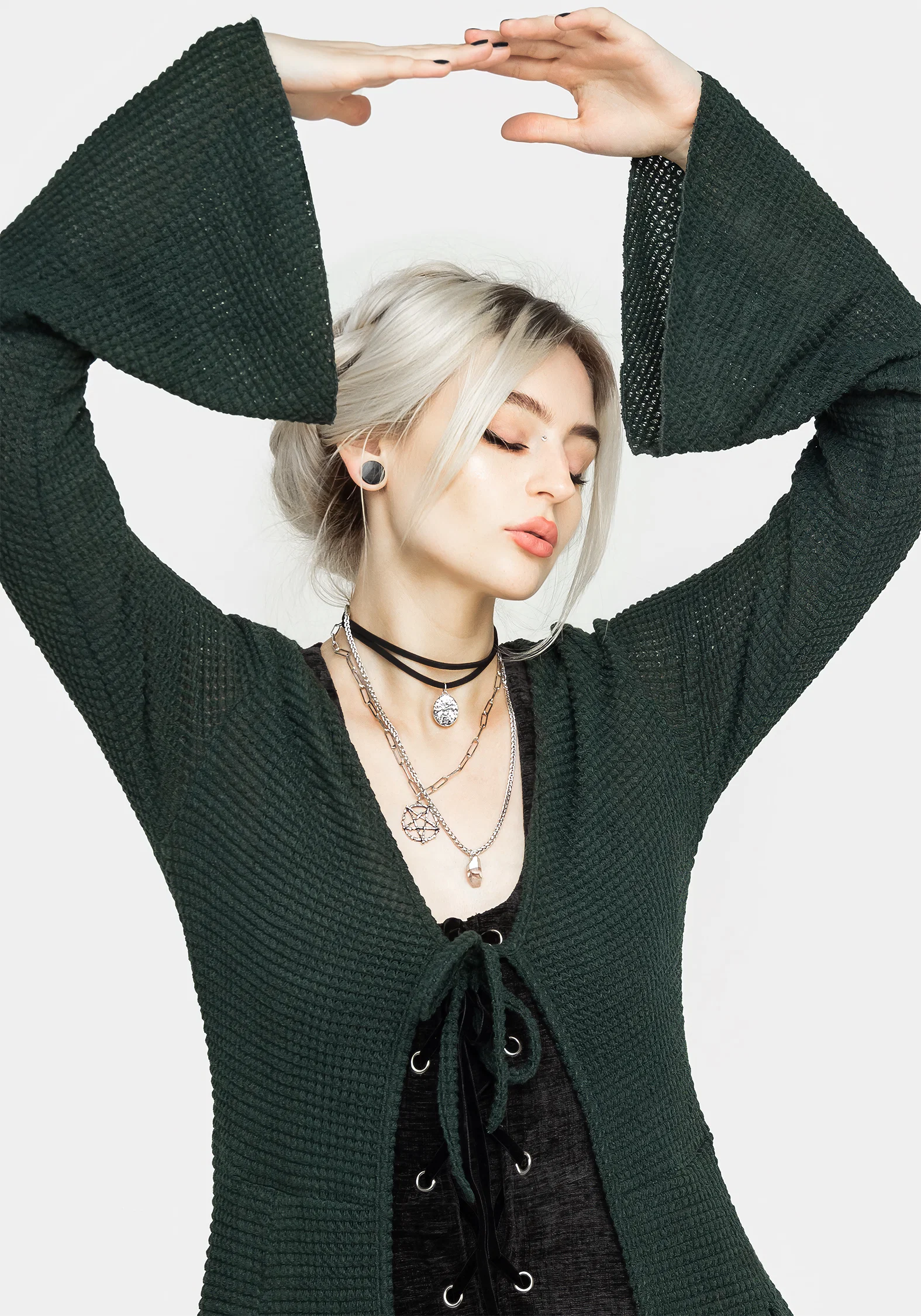 Xana Textured Tie Front Long Cardigan - Green - Image 4