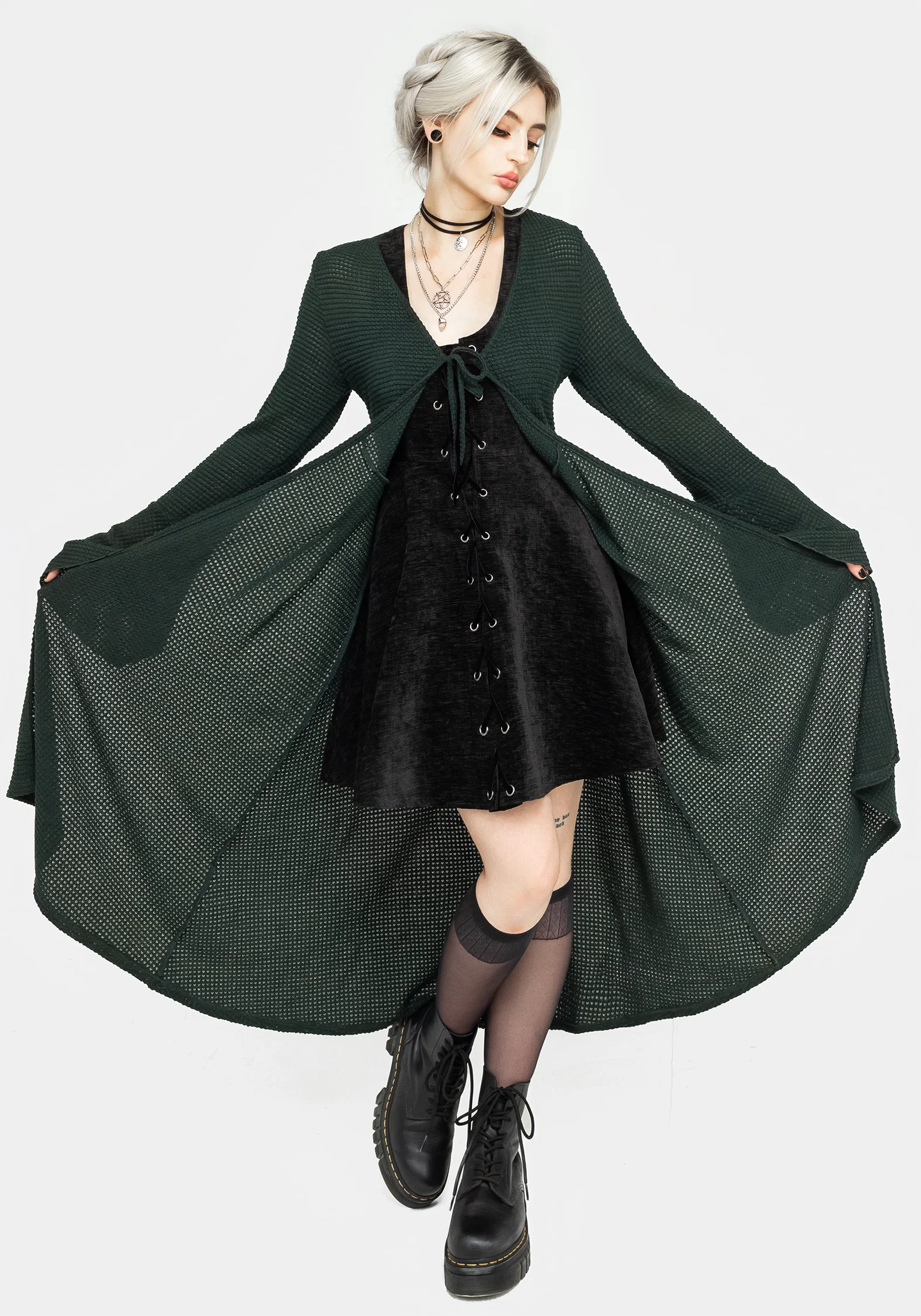 Xana Textured Tie Front Long Cardigan - Green - Image 5