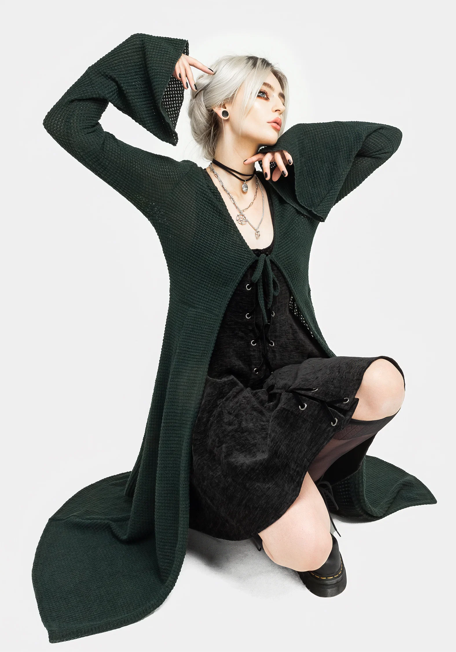 Xana Textured Tie Front Long Cardigan - Green - Image 6