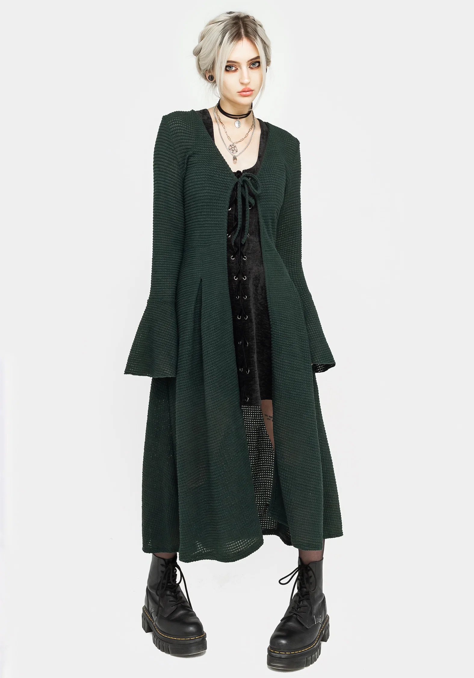Xana Textured Tie Front Long Cardigan - Green - Image 7