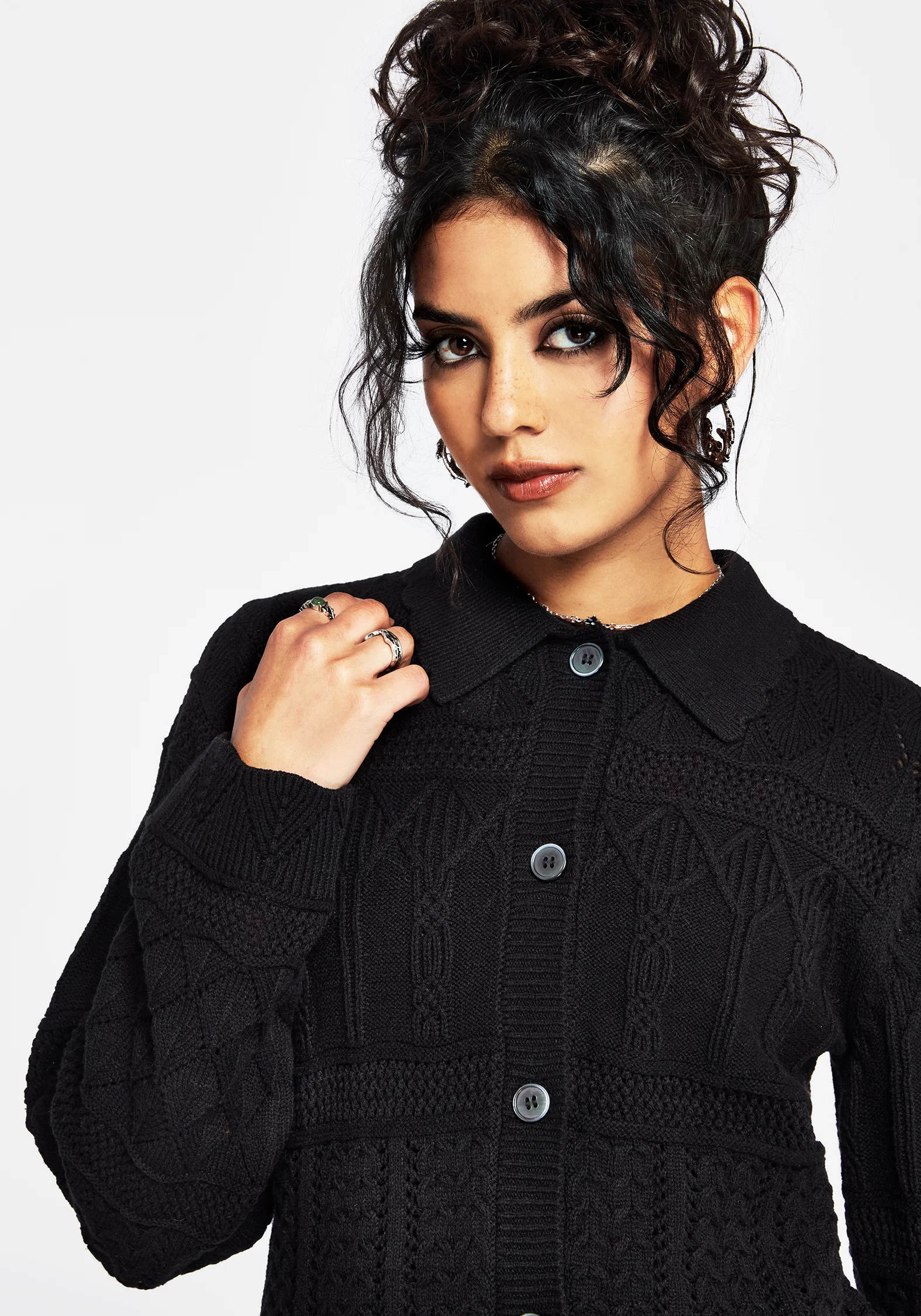 Yewtree Gothic Arch Pointelle Button Down Knit Cardigan - Image 2