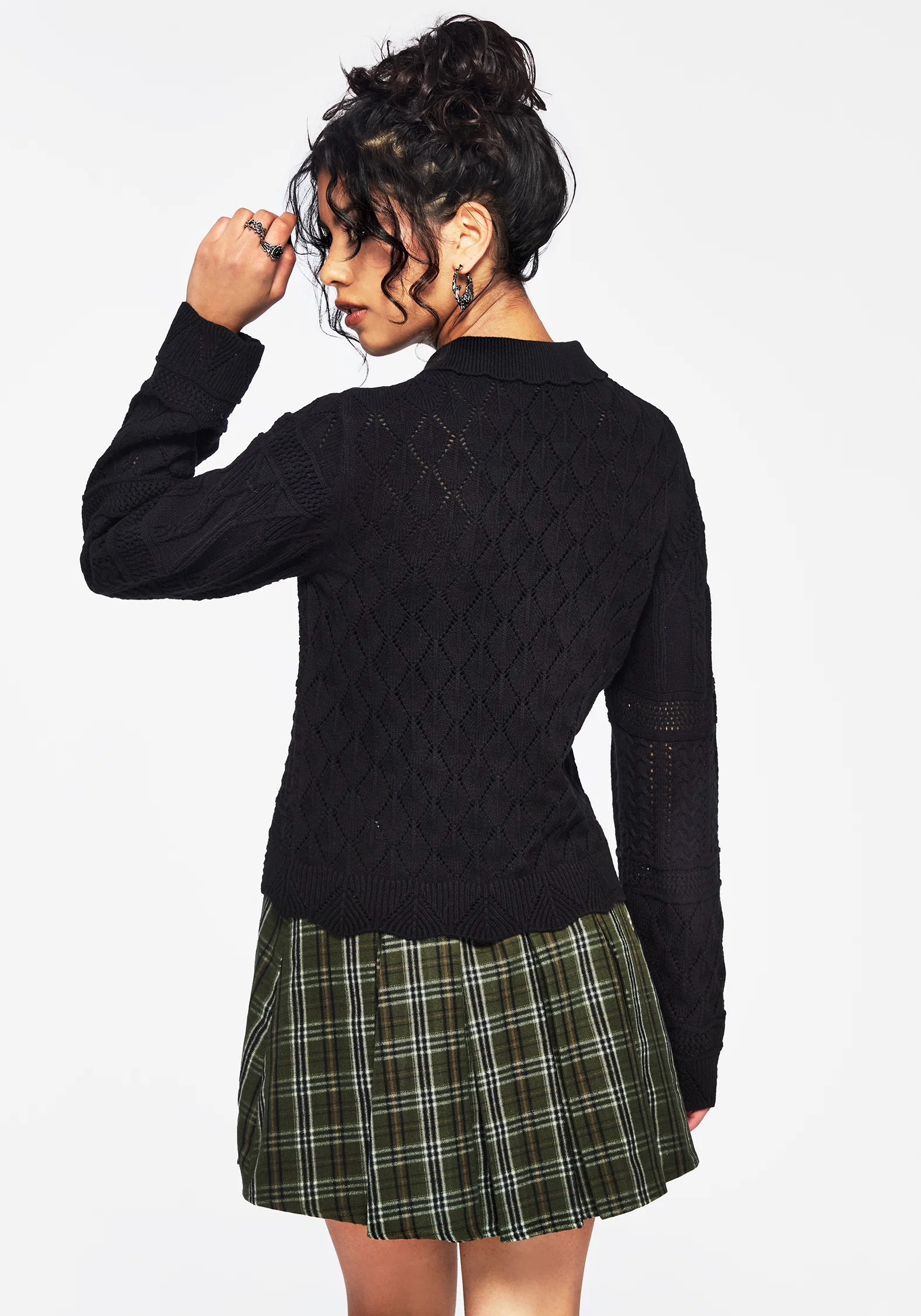 Yewtree Gothic Arch Pointelle Button Down Knit Cardigan - Image 3