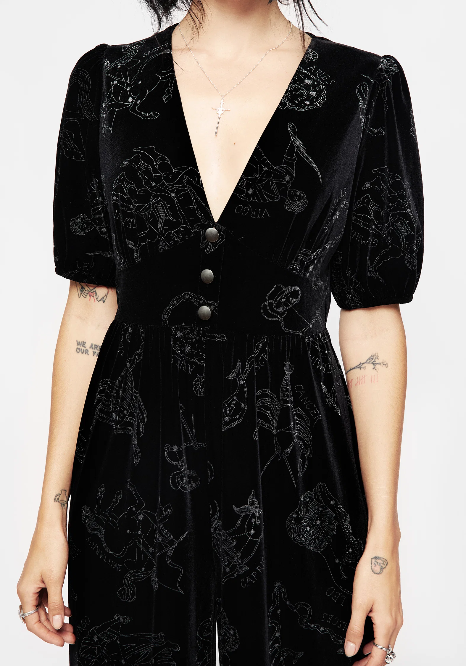 Zodiac Foil Print Button Front Velour Jumpsuit - Image 2