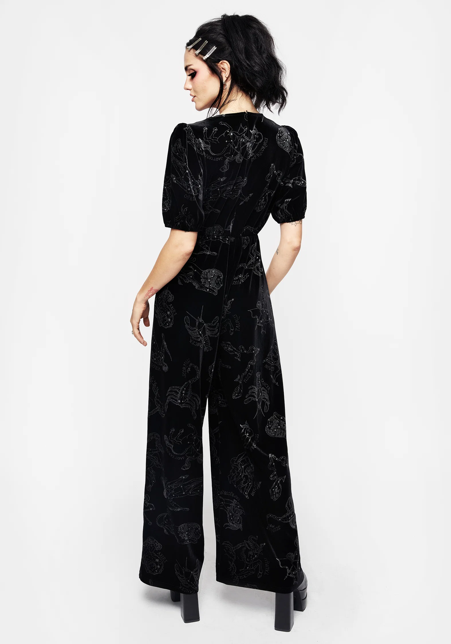Zodiac Foil Print Button Front Velour Jumpsuit - Image 3