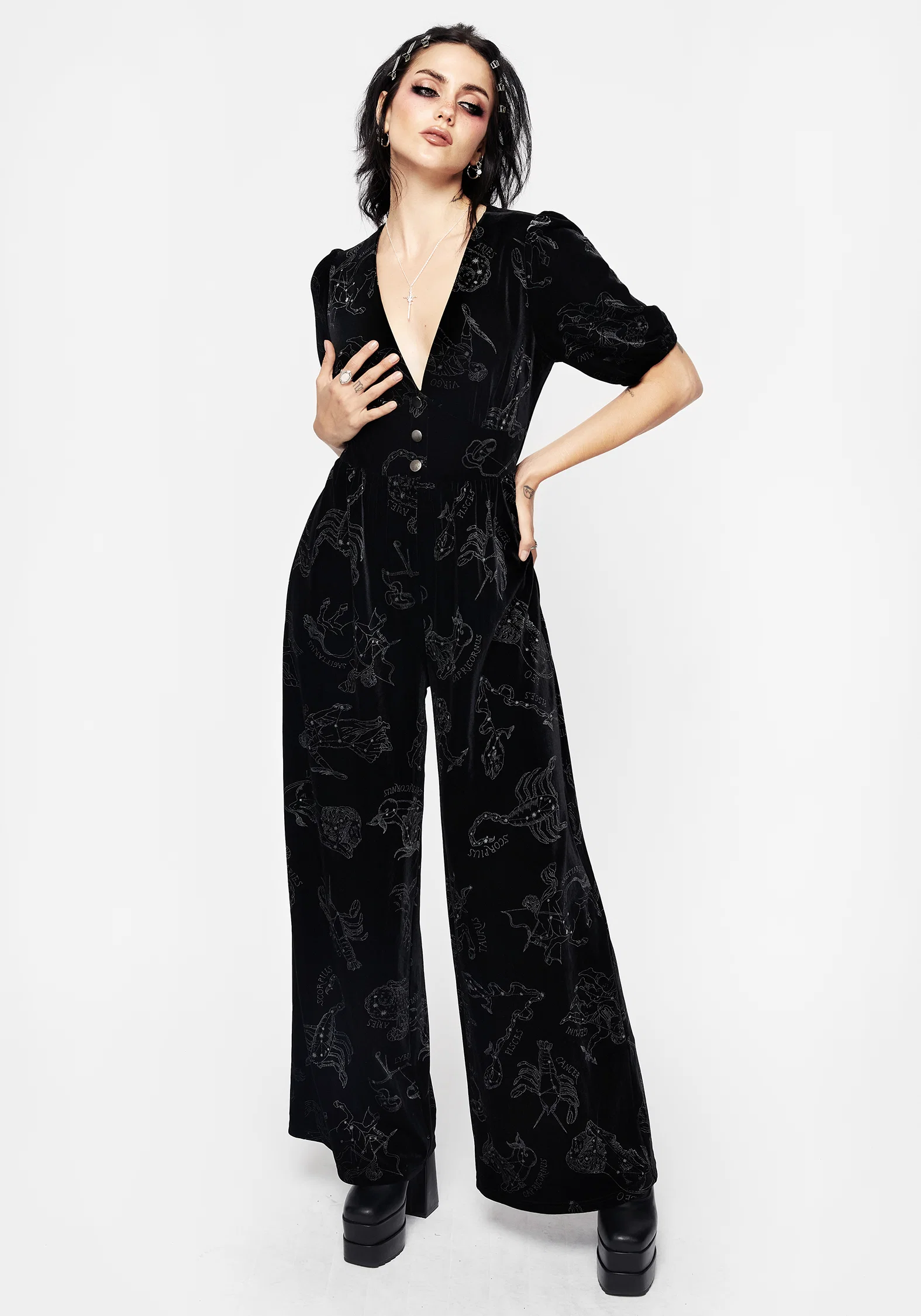 Zodiac Foil Print Button Front Velour Jumpsuit - Image 5