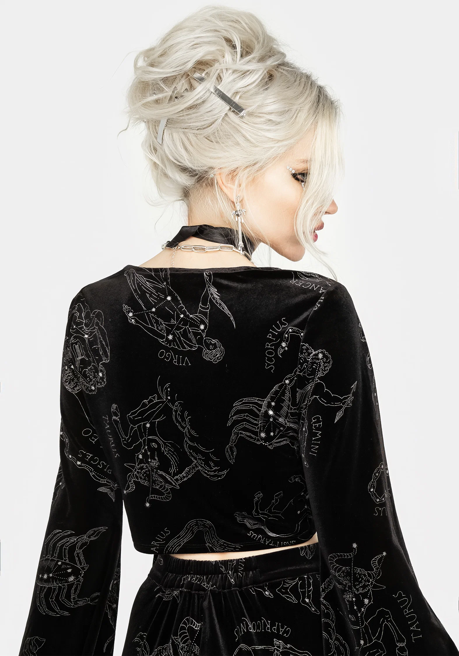 Zodiac Foil Print Flute Sleeve Crop Top - Image 3