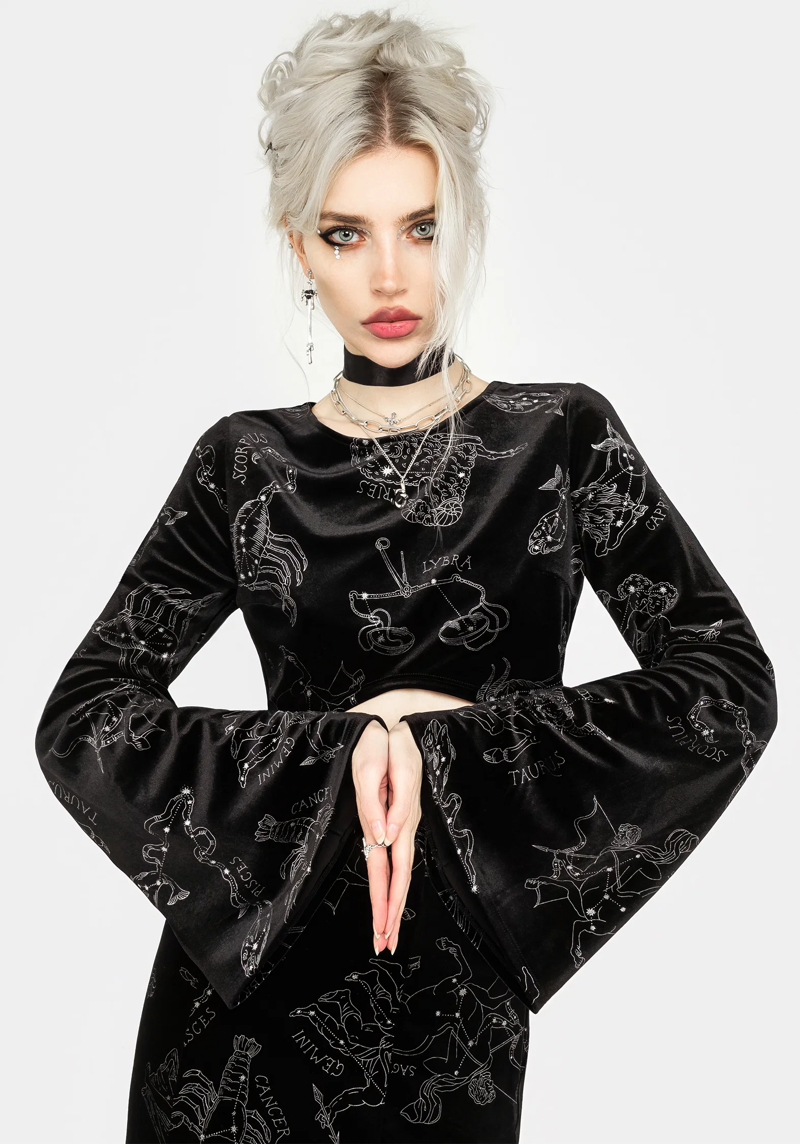 Zodiac Foil Print Flute Sleeve Crop Top - Image 5