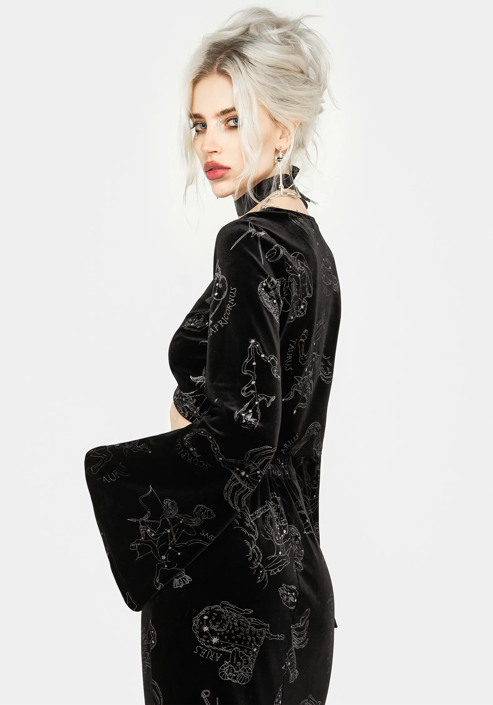 Zodiac Foil Print Flute Sleeve Crop Top - Image 6