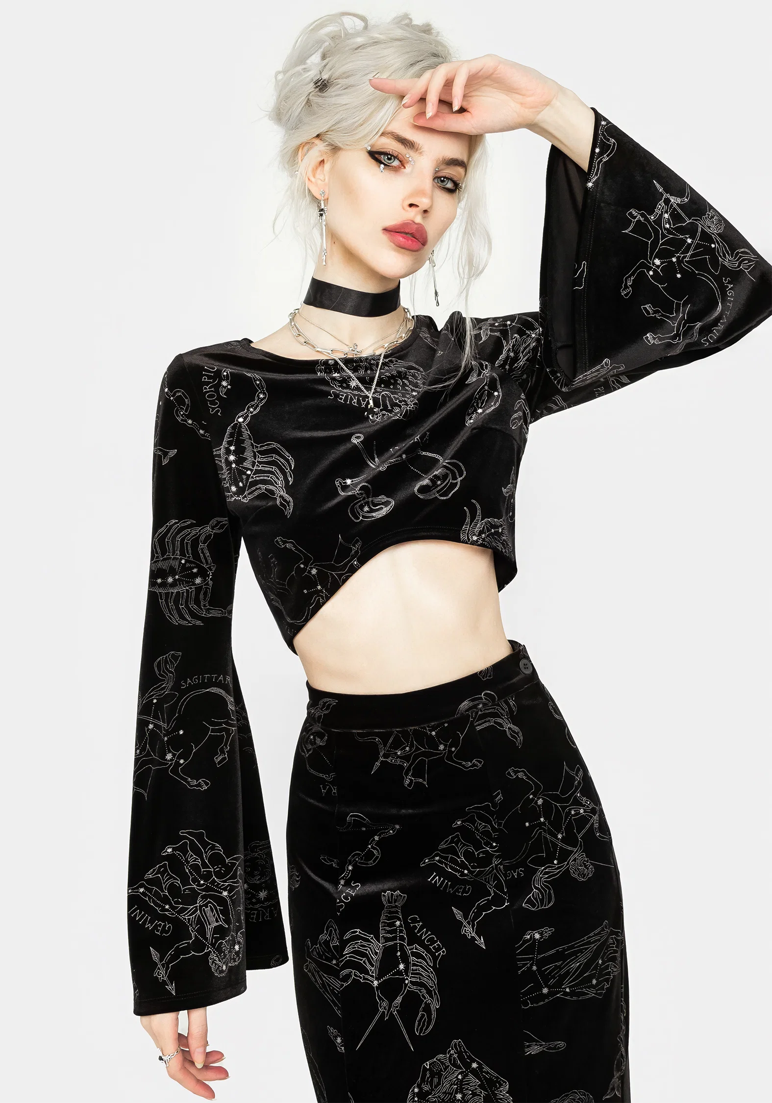 Zodiac Foil Print Flute Sleeve Crop Top - Image 8