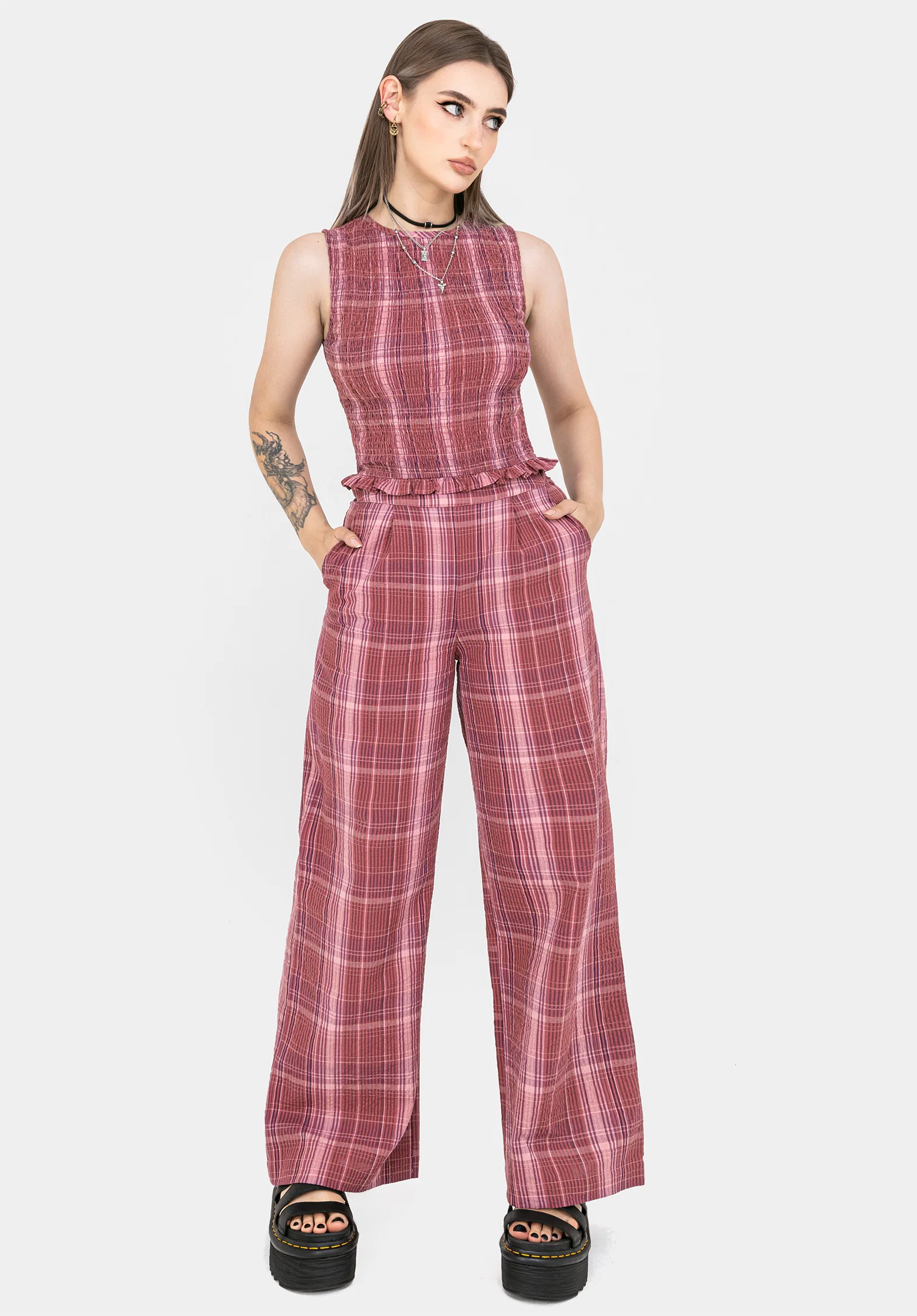Zorina Cotton Check Wide Leg Trousers - Image 5